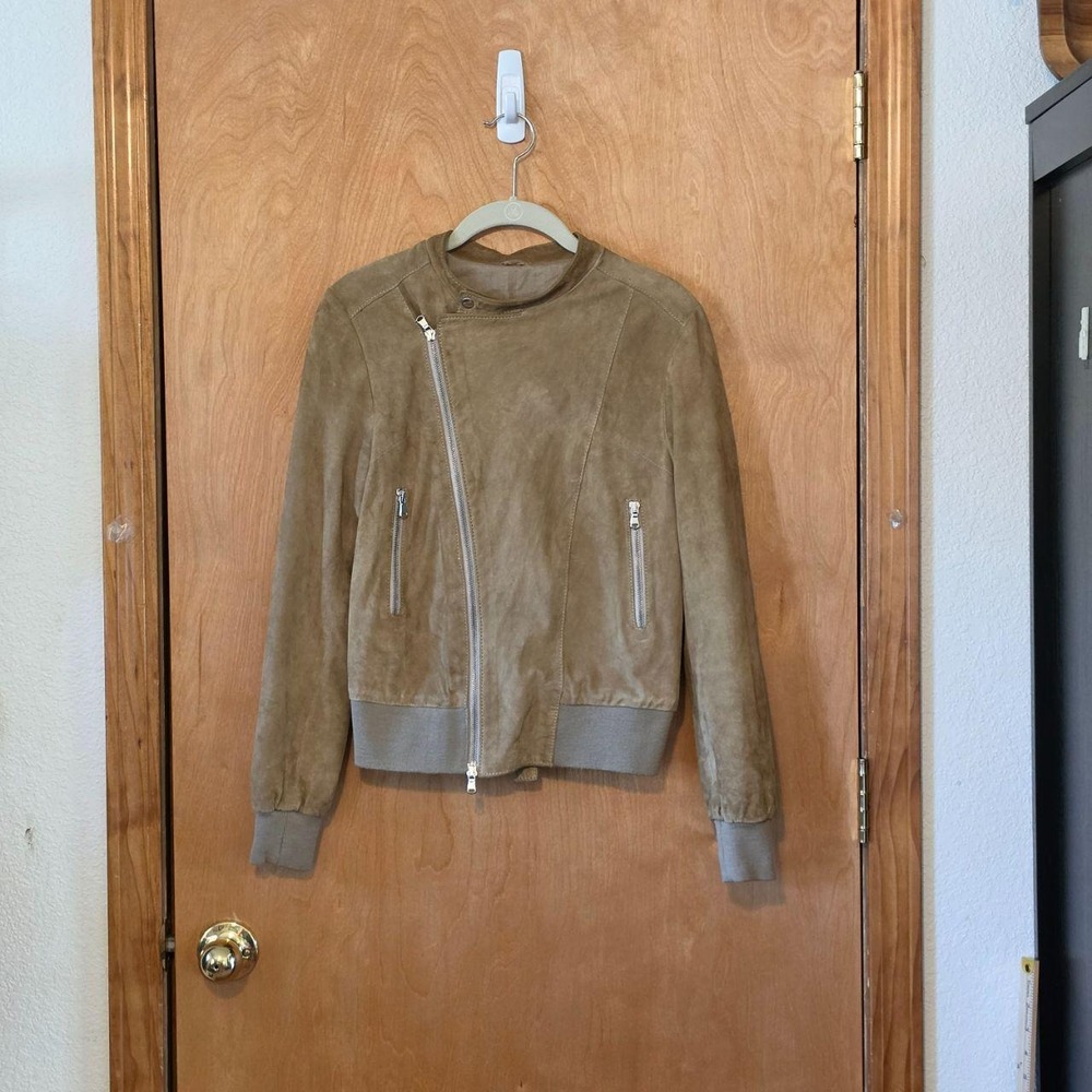 Italian Genuine Tan Suede Moto Bomber Jacket Asymmetric Zip Vera Pelle Size 40 4